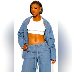 Pinstripe Oversized Denim Blazer - Dark Wash